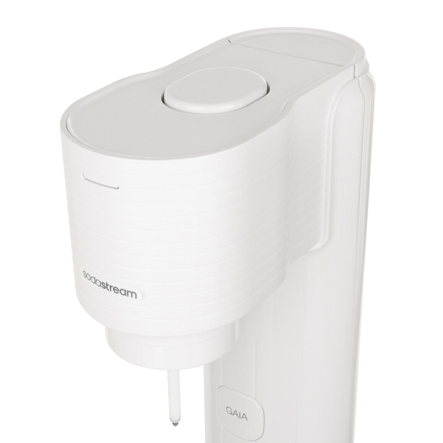 Fehér SodaStream Gaia. Fehér, magas, gombbal a tetején. Fehér kifolyó.
