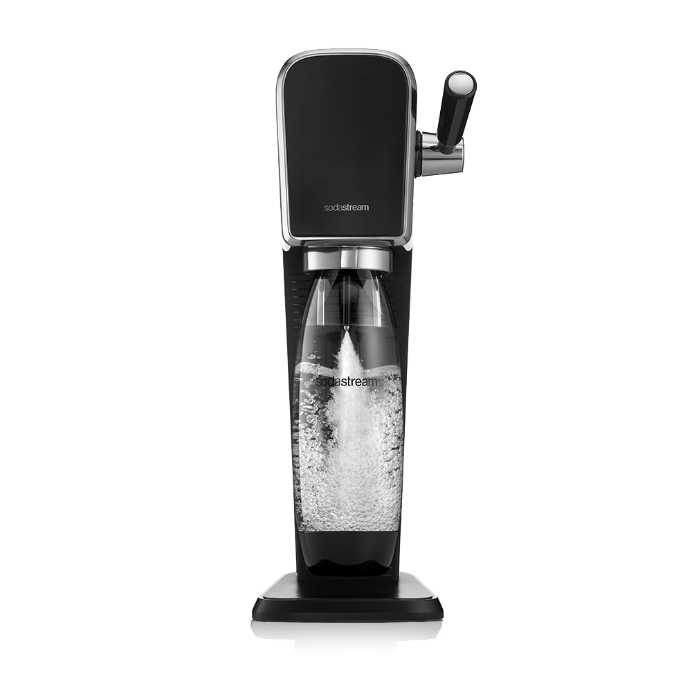 SodaStream gép. Fekete-ezüst dizájn. Üveg pezsgő vízzel.