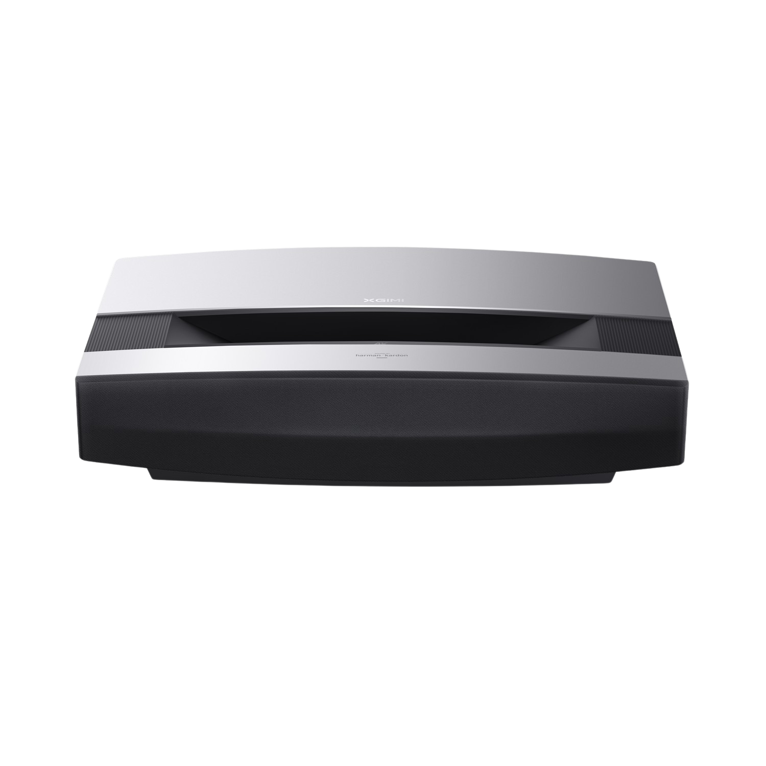 Un projecteur XGIMI argenté et noir. Il porte le logo Harman Kardon. Fond noir.