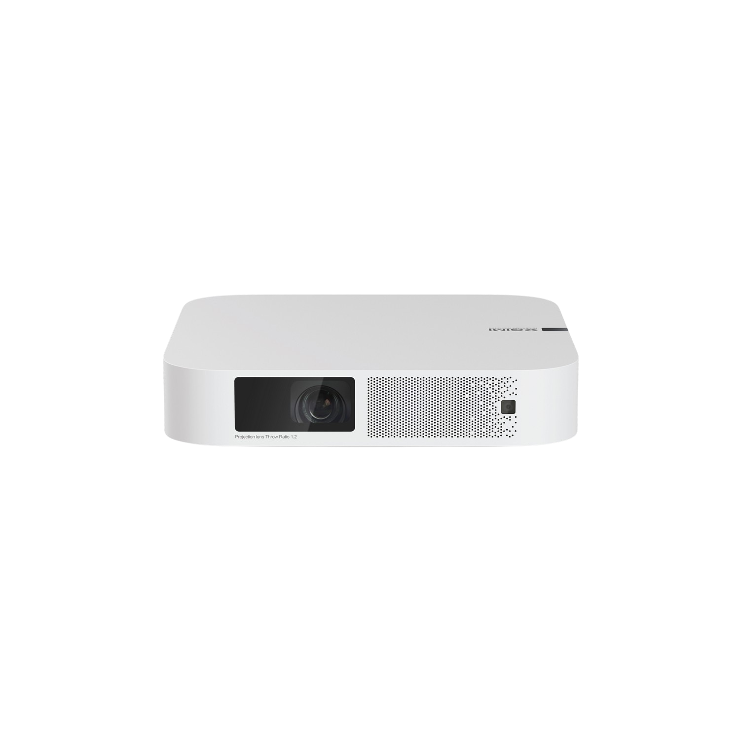 Witte projector met een zwarte lens en een ventilatierooster. Zwarte achtergrond.