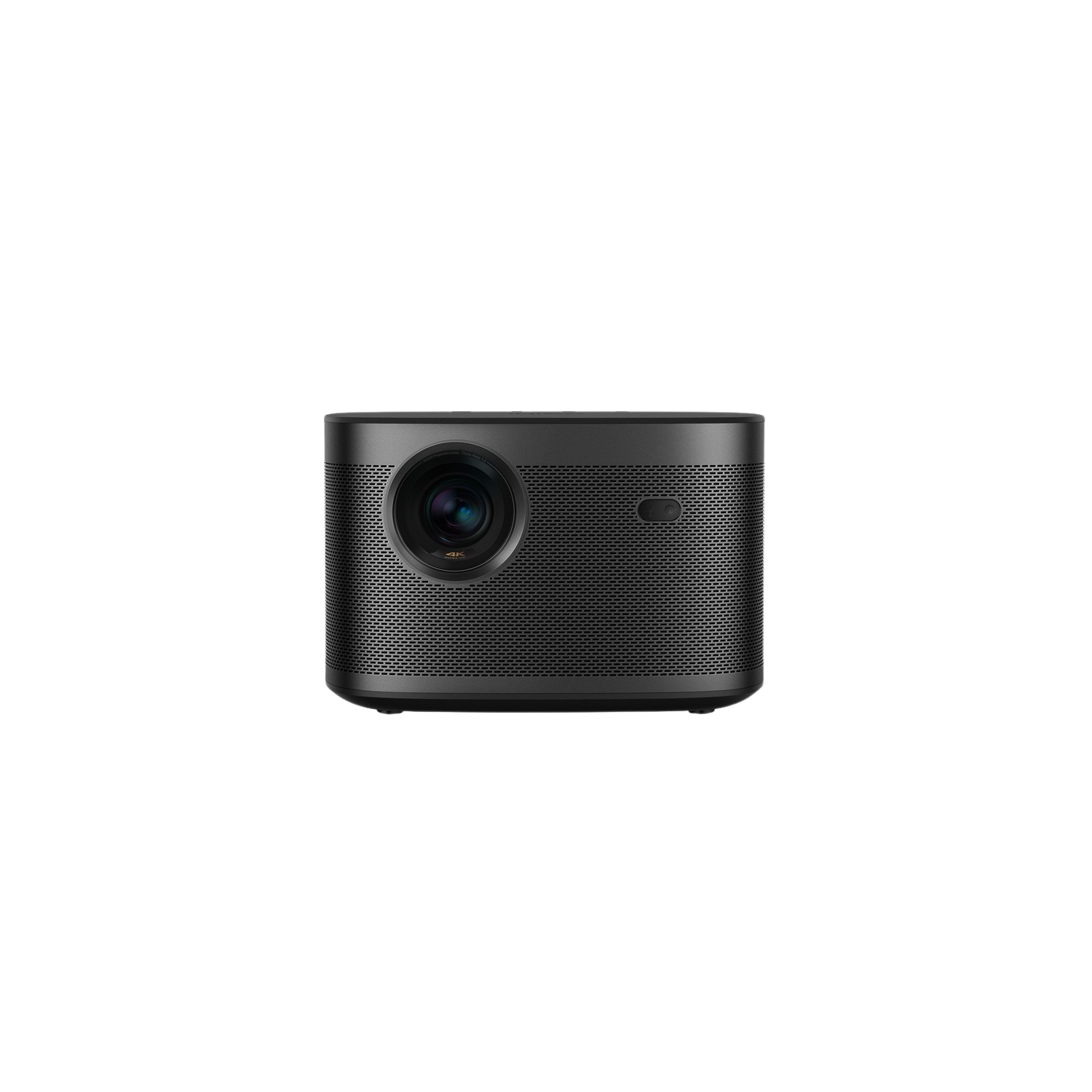 Een zwarte projector met een lens aan de voorkant en een donkere achtergrond.