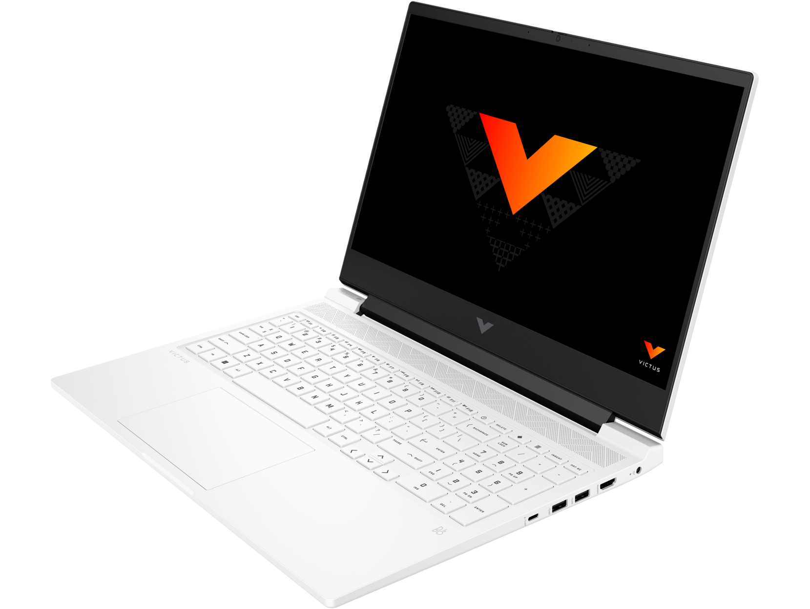 Portátil blanco con logotipo en pantalla. Teclado y panel táctil visibles. Fondo negro.