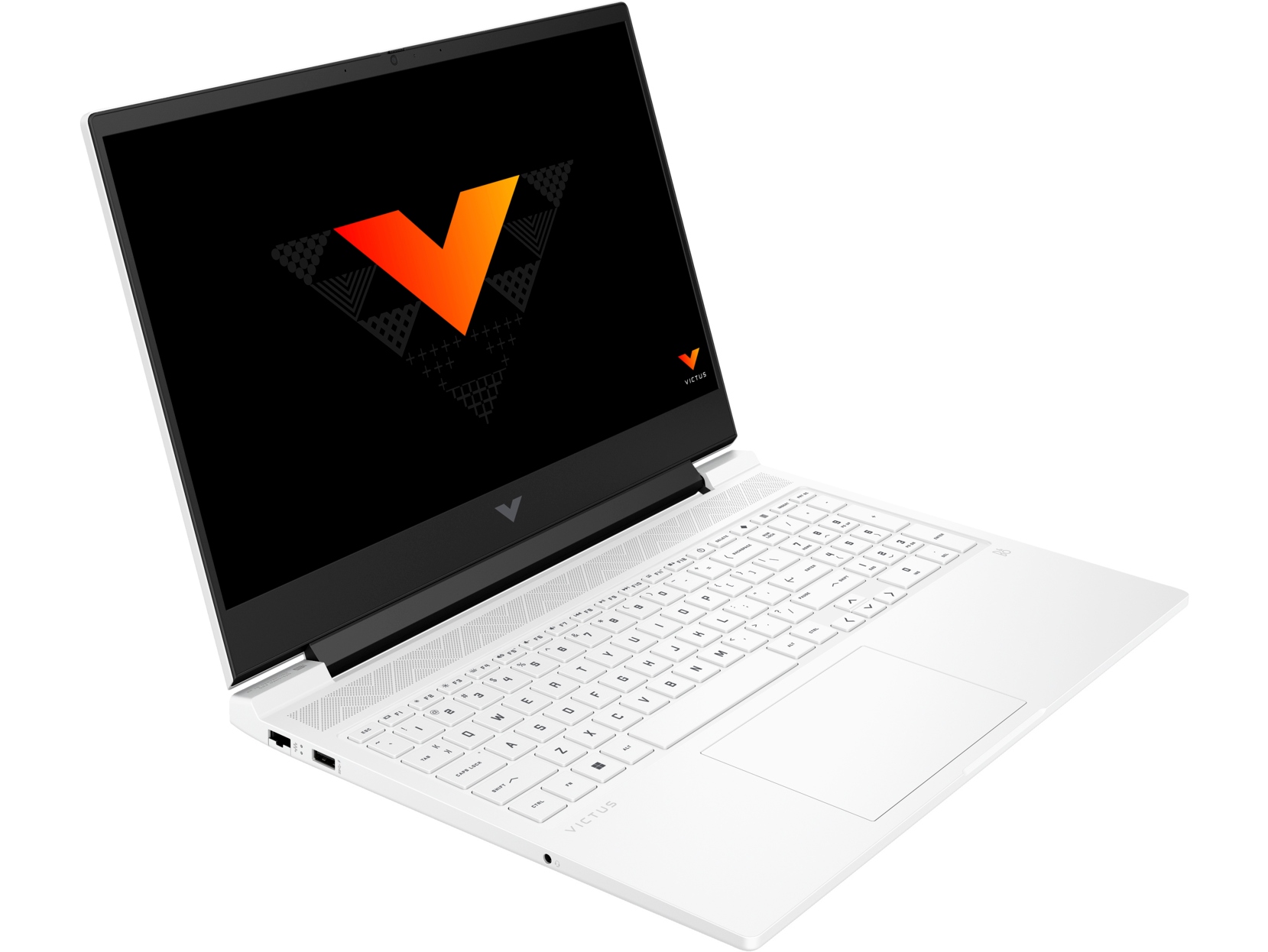 Ordenador portátil blanco con el logotipo de Victus en la pantalla. El teclado es blanco.