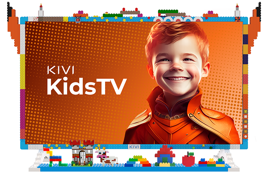 KIVI KidsTV hirdetés egy páncélos fiúval. A tévé színes Lego kockákból épült. Narancssárga háttér.