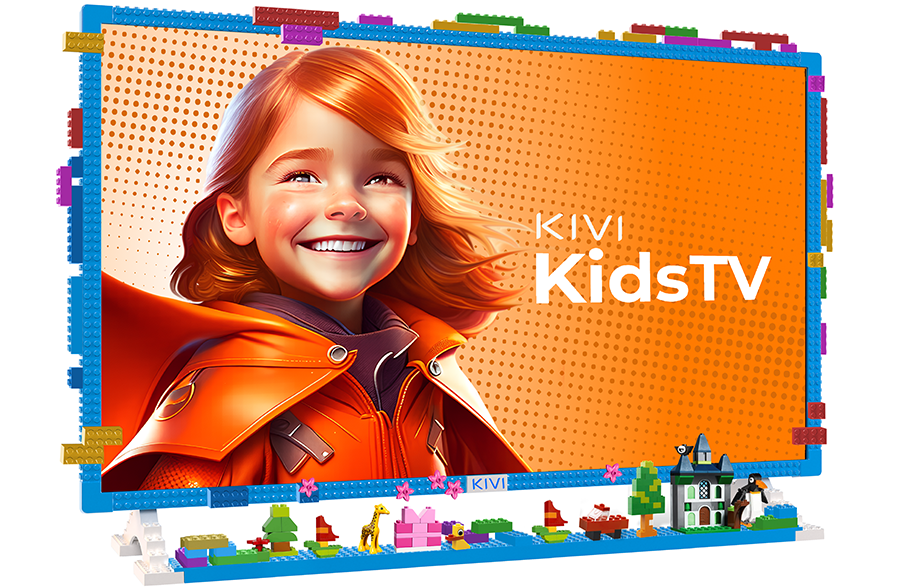 Lego stílusú hirdetőtábla mosolygó kislánnyal, 'KIVI KidsTV' felirattal és Lego elemekkel.