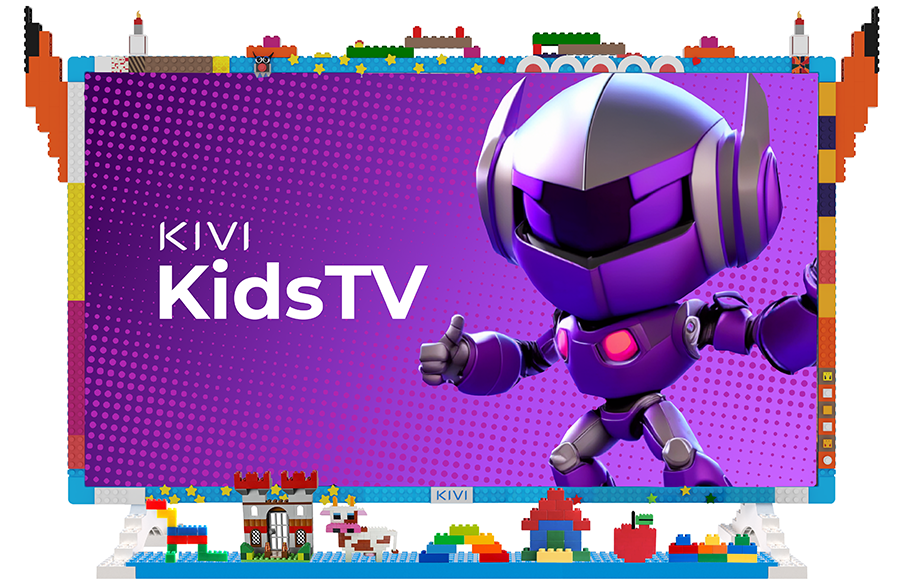 Lego-ból készült TV képernyő, robottal és a Kivi KidsTV felirattal.