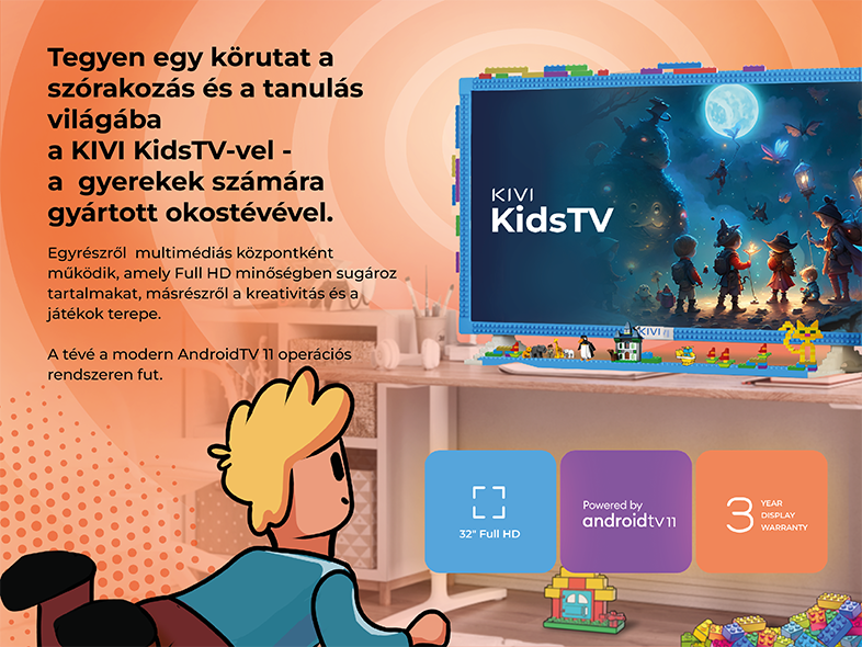 Egy KIVI KidsTV hirdetés rajzolt fiúval és egy TV képernyővel.