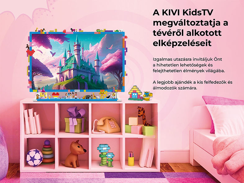 KIVI KidsTV hirdetés LEGO-val díszített TV-vel, rózsaszín polcon, játékokkal.