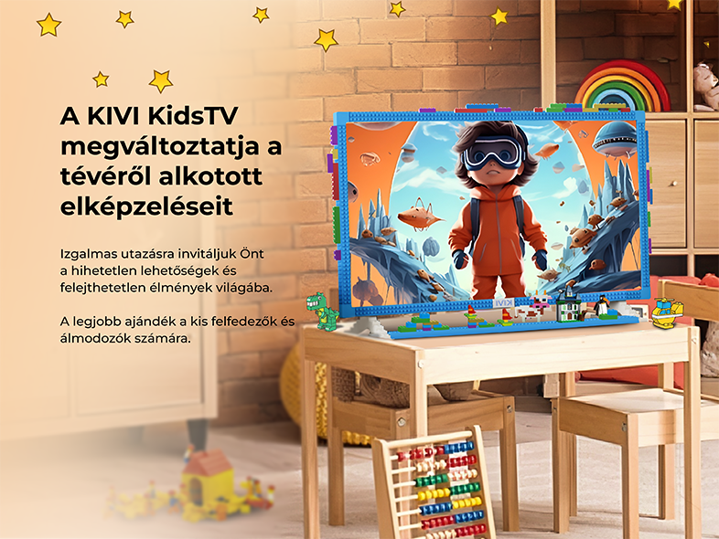 Egy TV képernyő rajzfilmfigurával kék háttéren, egy asztalon.