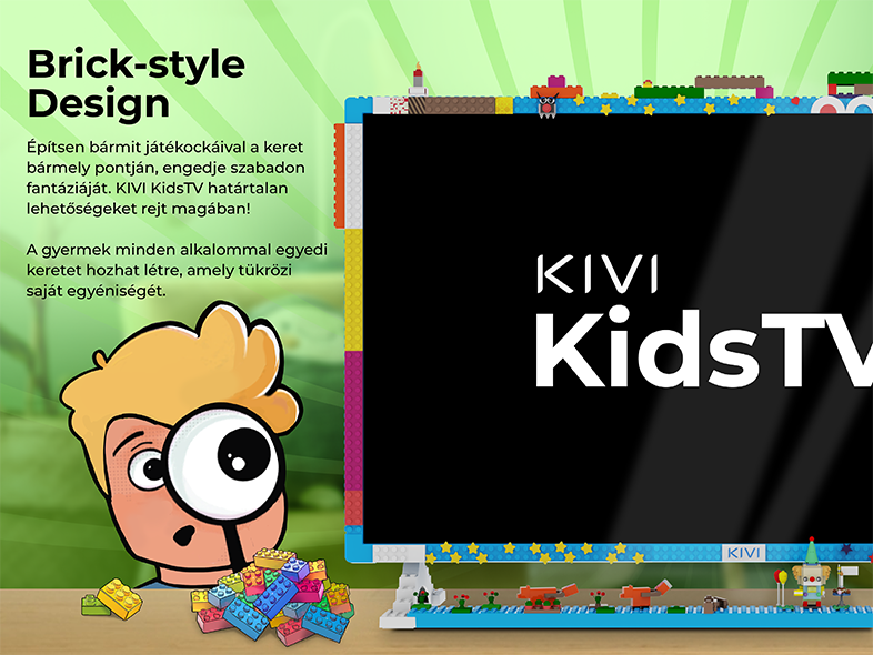 Rajzfilm egy tévével, amelyet játék téglák vesznek körül. A tévé a KIVI KidsTV logóját mutatja.