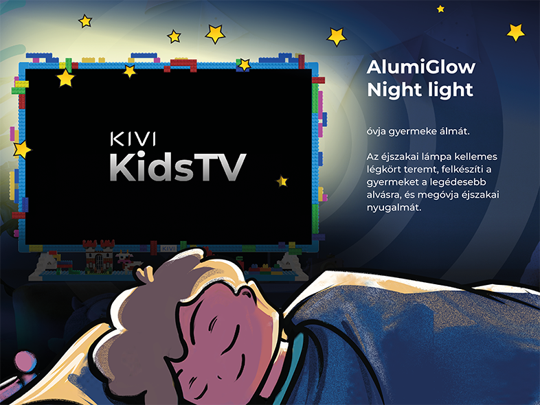 Egy alvó gyermek egy sötét szobában, ahol egy TV LEGO stílusú képernyőt jelenít meg.