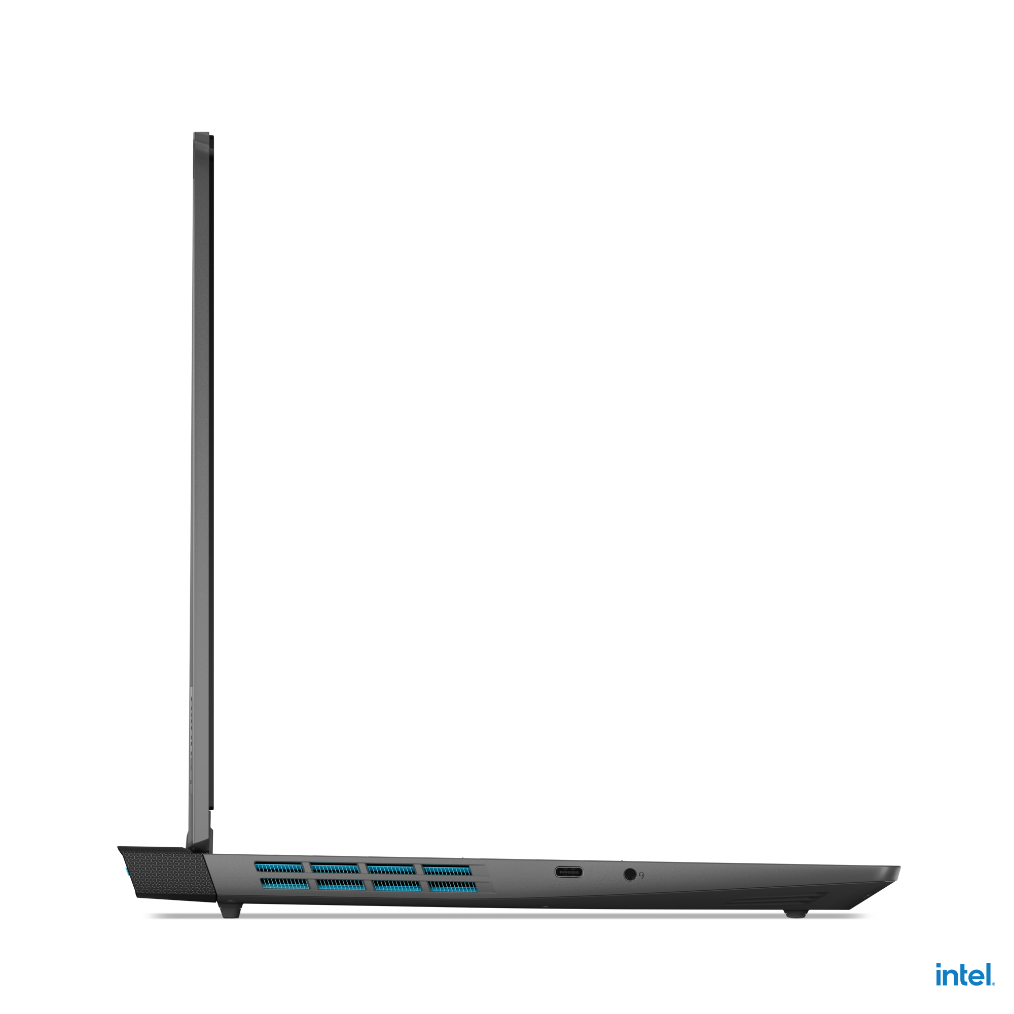 Gri bir dizüstü bilgisayarın yan görünümü, bağlantı noktaları ve intel logosu dahil olmak üzere profili gösteriyor.