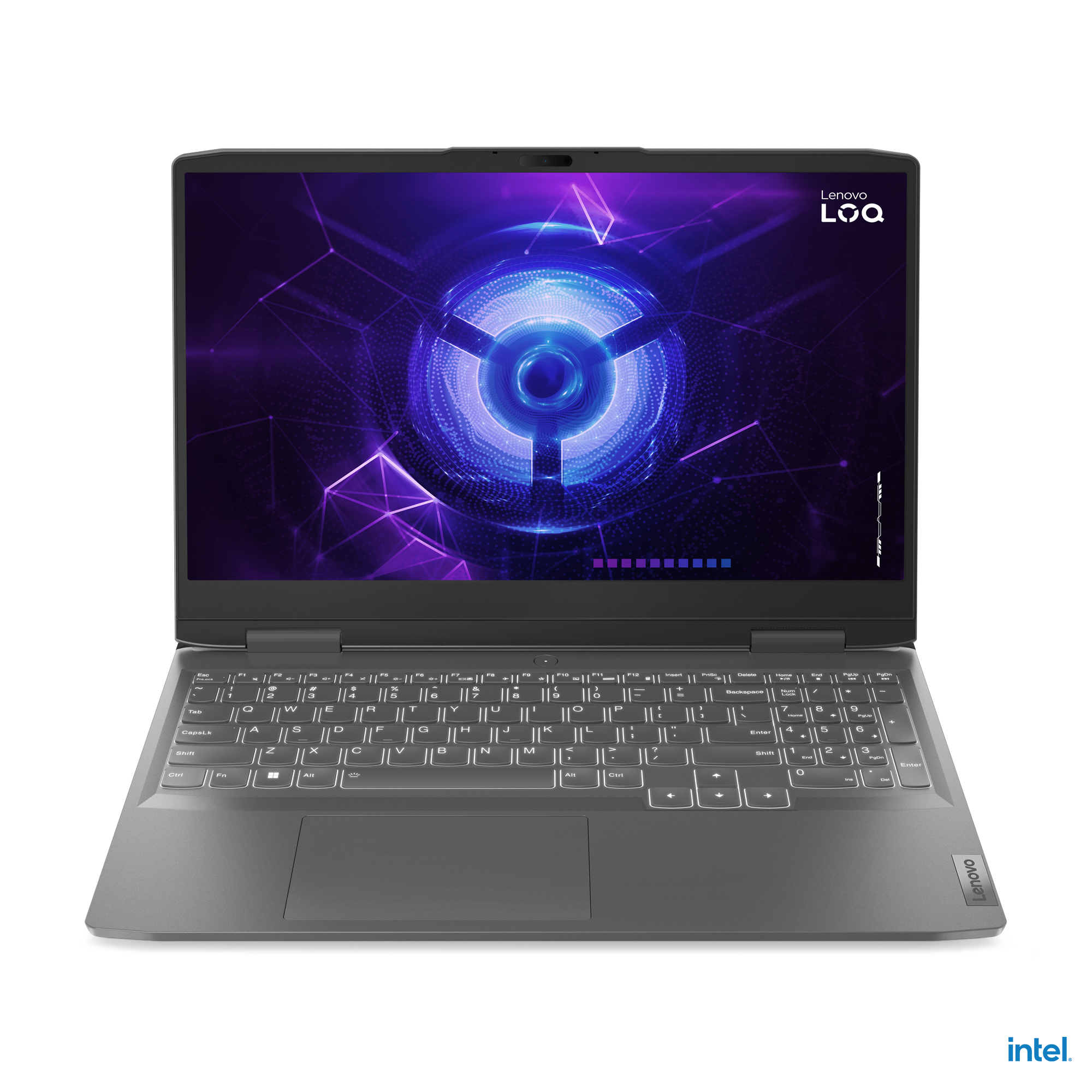 Lenovo oyun dizüstü bilgisayarı, canlı bir ekran ve altta Intel logosu ile.