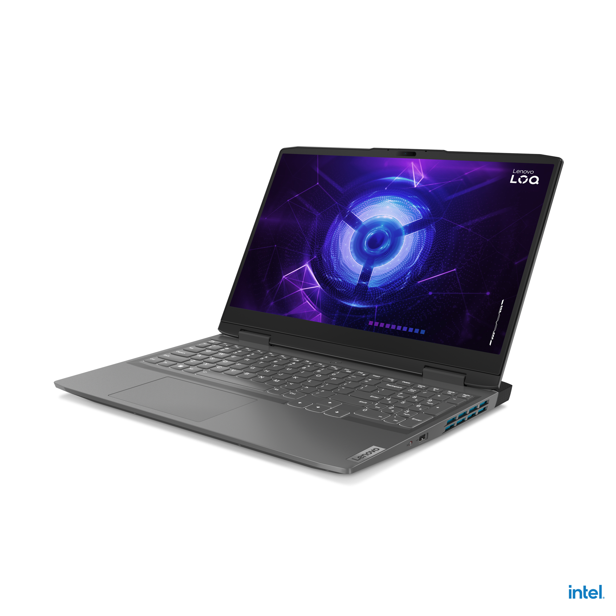 Siyah bir yüzeyde açık gri Lenovo dizüstü bilgisayar. Ekran renkli bir grafik görüntülüyor.