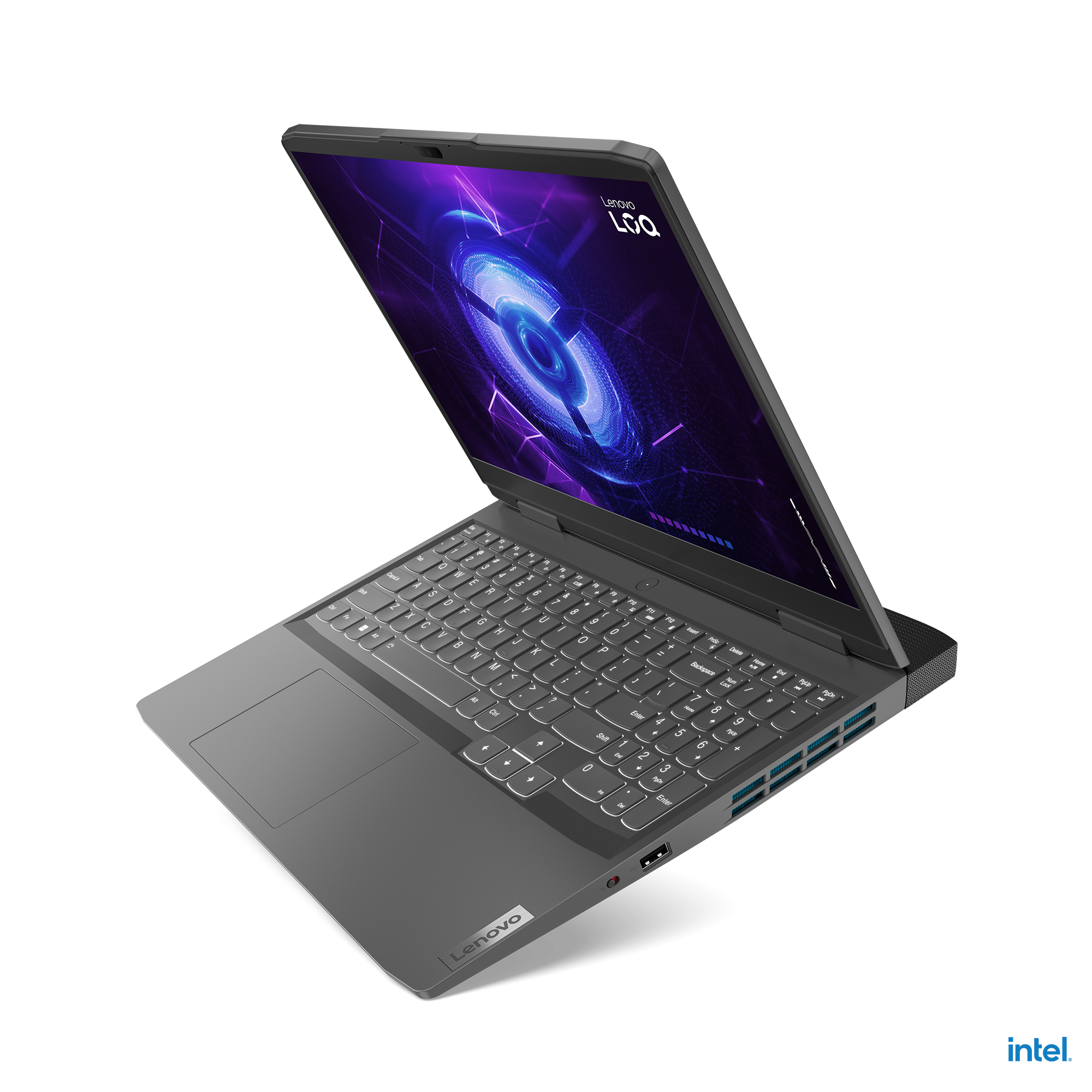 Gri Lenovo dizüstü bilgisayar, açık, renkli bir tasarıma sahip ekranı gösteriyor. Klavye görünür durumda. Intel logosu.