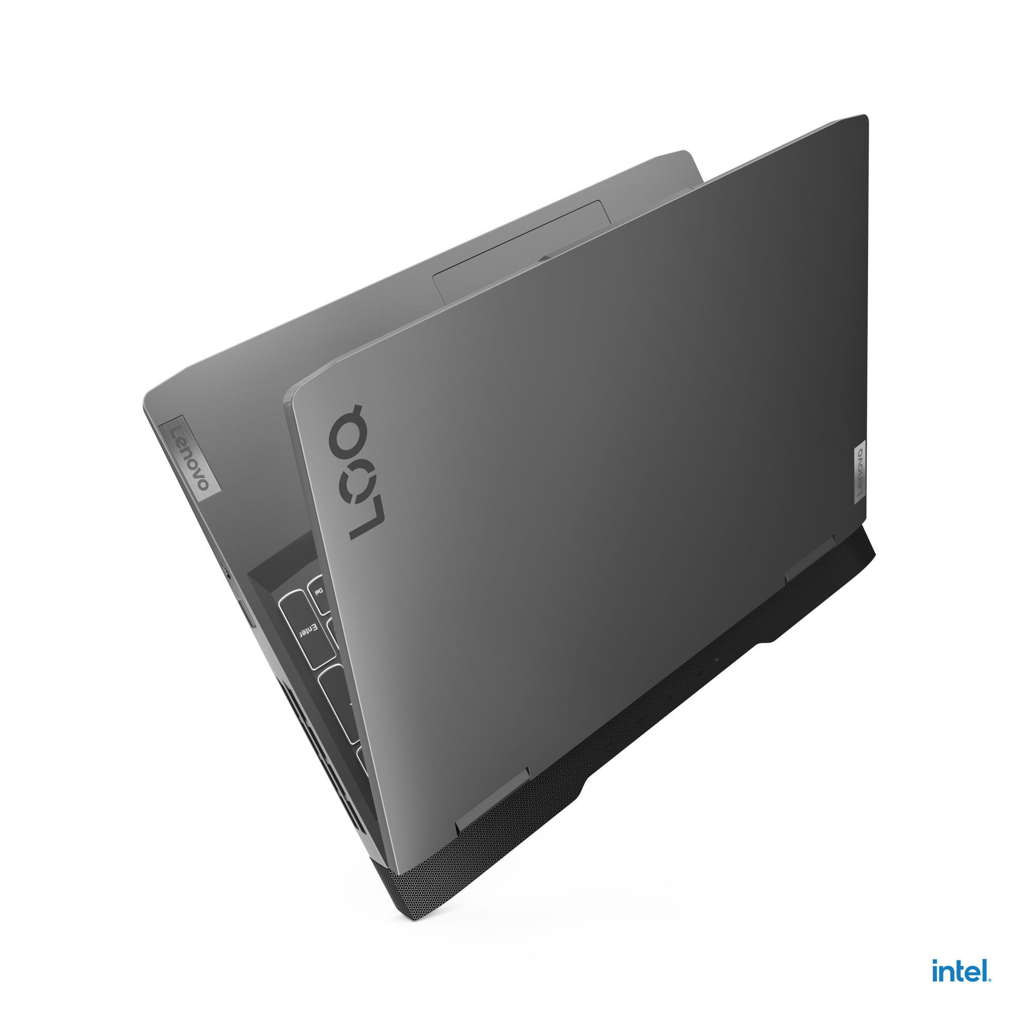 Gri renkli bir Lenovo Legion dizüstü bilgisayar, siyah bir yüzeyde açık, yukarıdan görünüm.