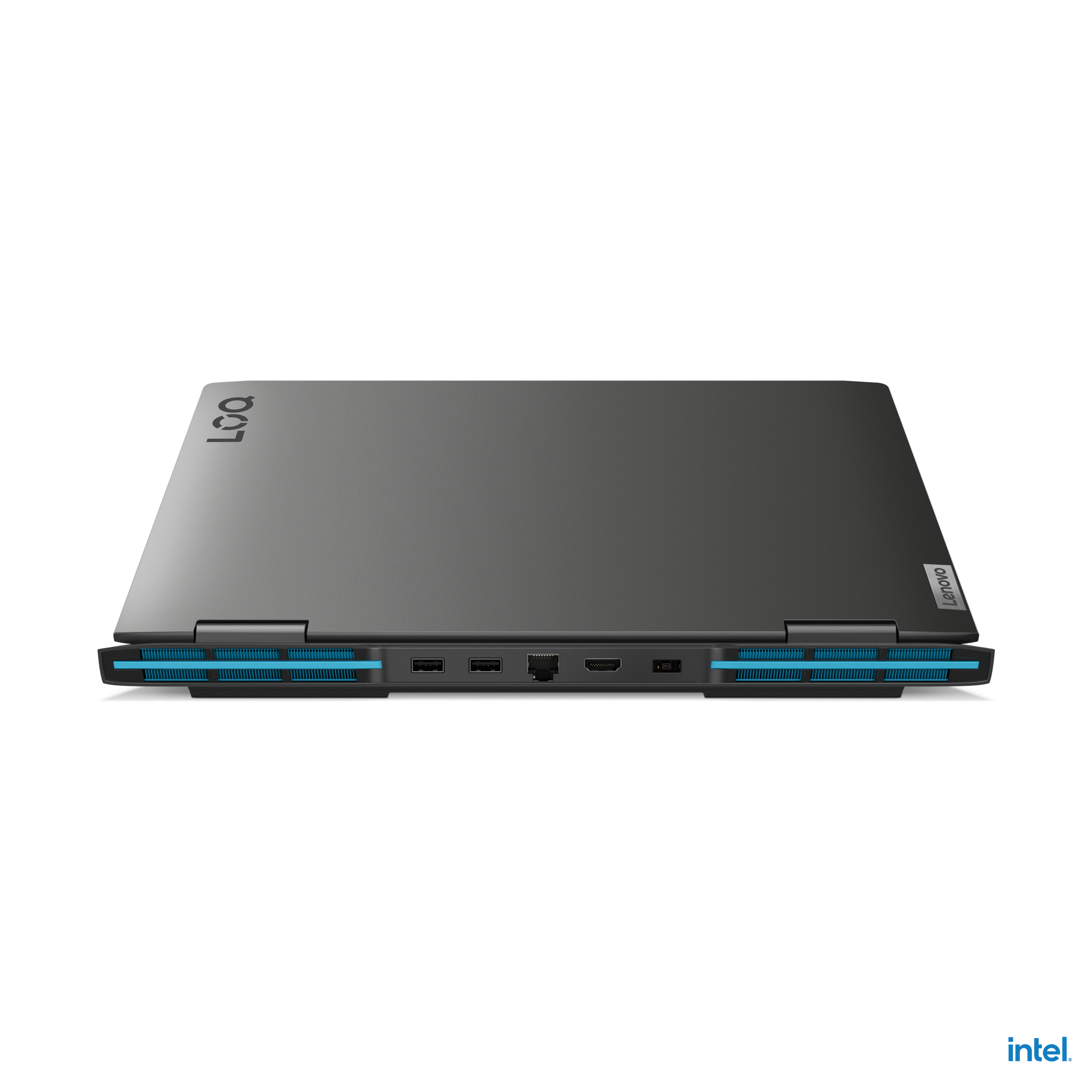 Kapalı bir dizüstü bilgisayar, yukarıdan görünüm, siyah ve mavi detaylar, Lenovo logosu.