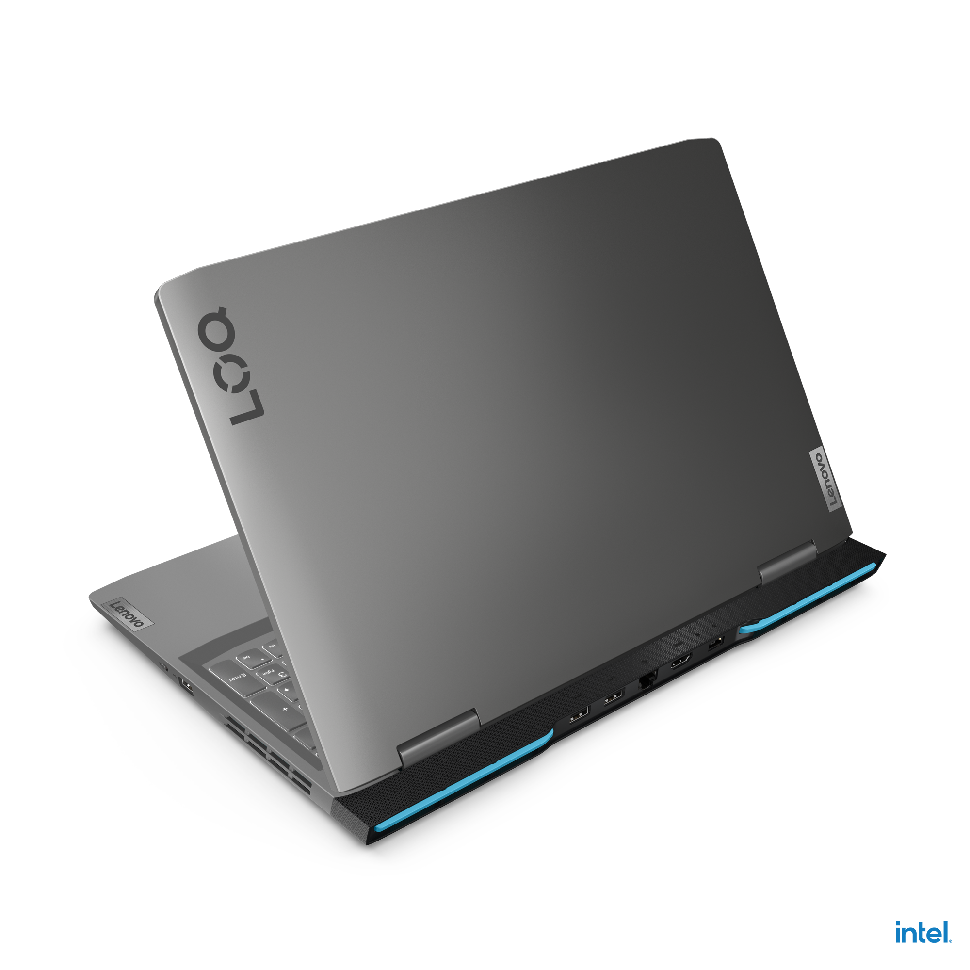 Siyah arka plan üzerinde gri Lenovo Legion dizüstü bilgisayar. Dizüstü bilgisayar açık, klavye görünüyor.