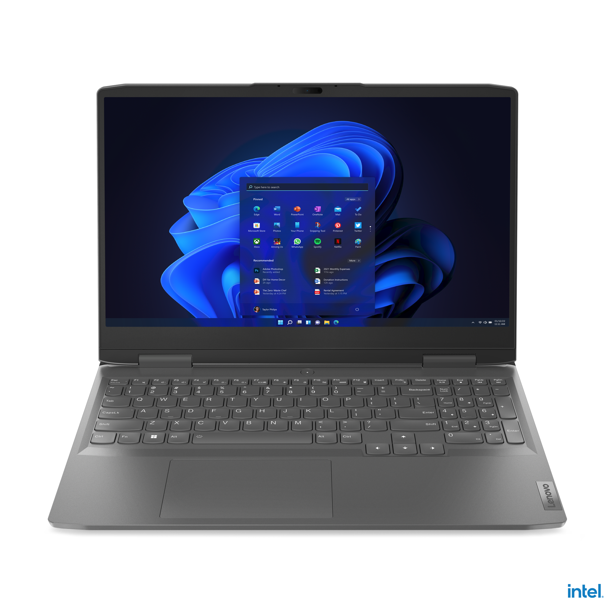 Siyah arka planda açık gri Lenovo dizüstü bilgisayar. Ekran Windows masaüstünü gösteriyor. Intel logosu.