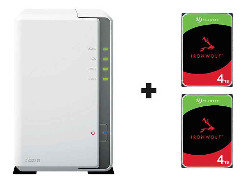 SYNOLOGY DiskStation DS223j mit 2x 4TB Seagate IronWolf (HDD) - NAS (HDD, SSD, 8 TB, Weiss)