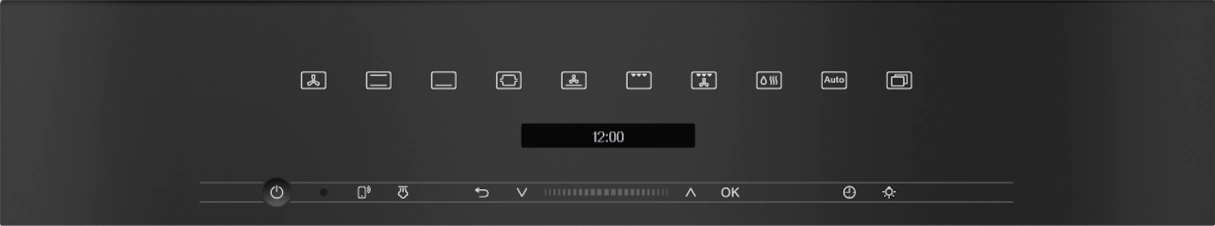 Un panel de control negro con iconos y una pantalla que muestra las 12:00.