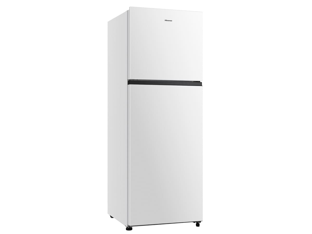 Un refrigerador blanco con asa y parte superior negra.