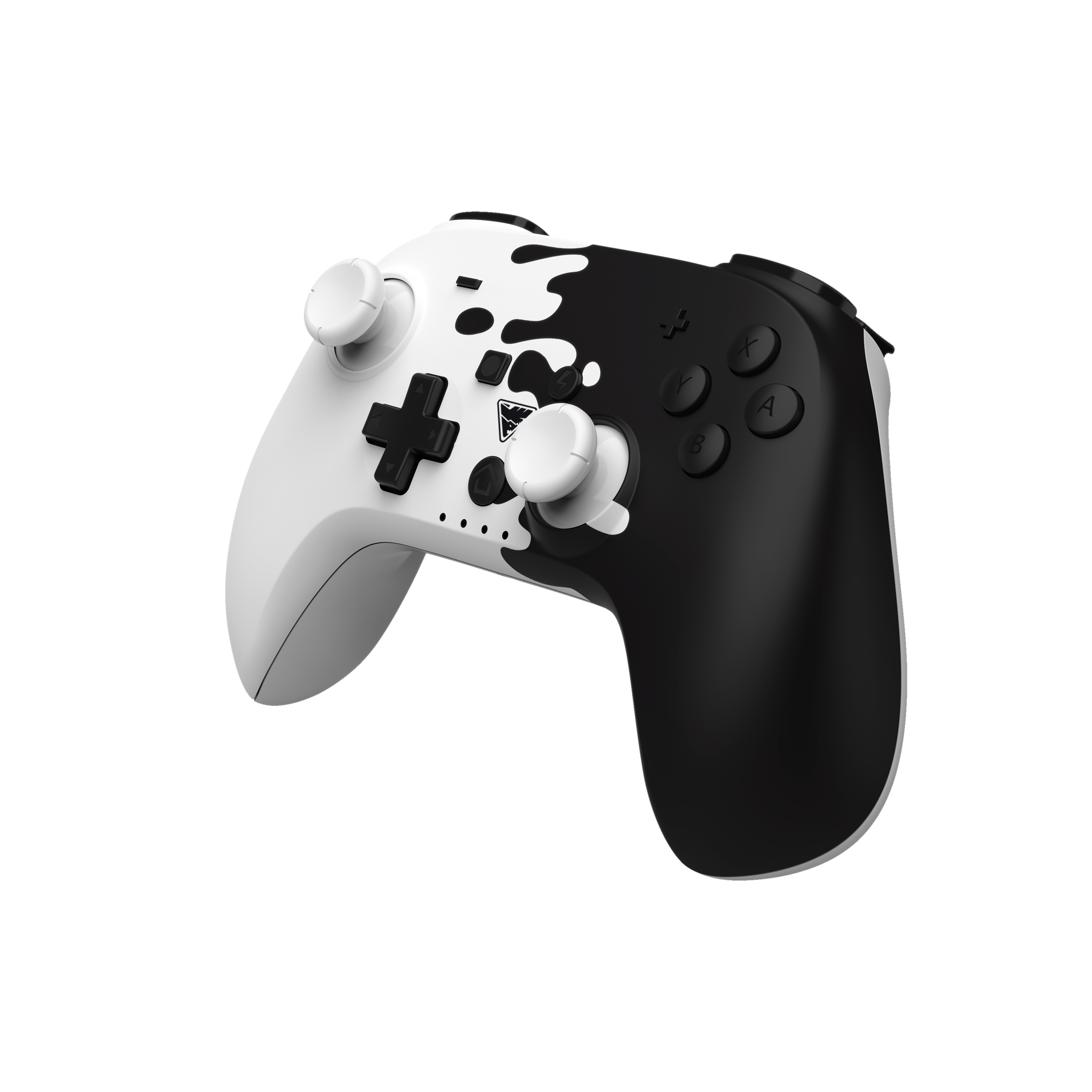 Schwarz-weißer Gamecontroller. Schwarzes Steuerkreuz und Tasten. Weißer Joystick. Schwarz-weißes Design.