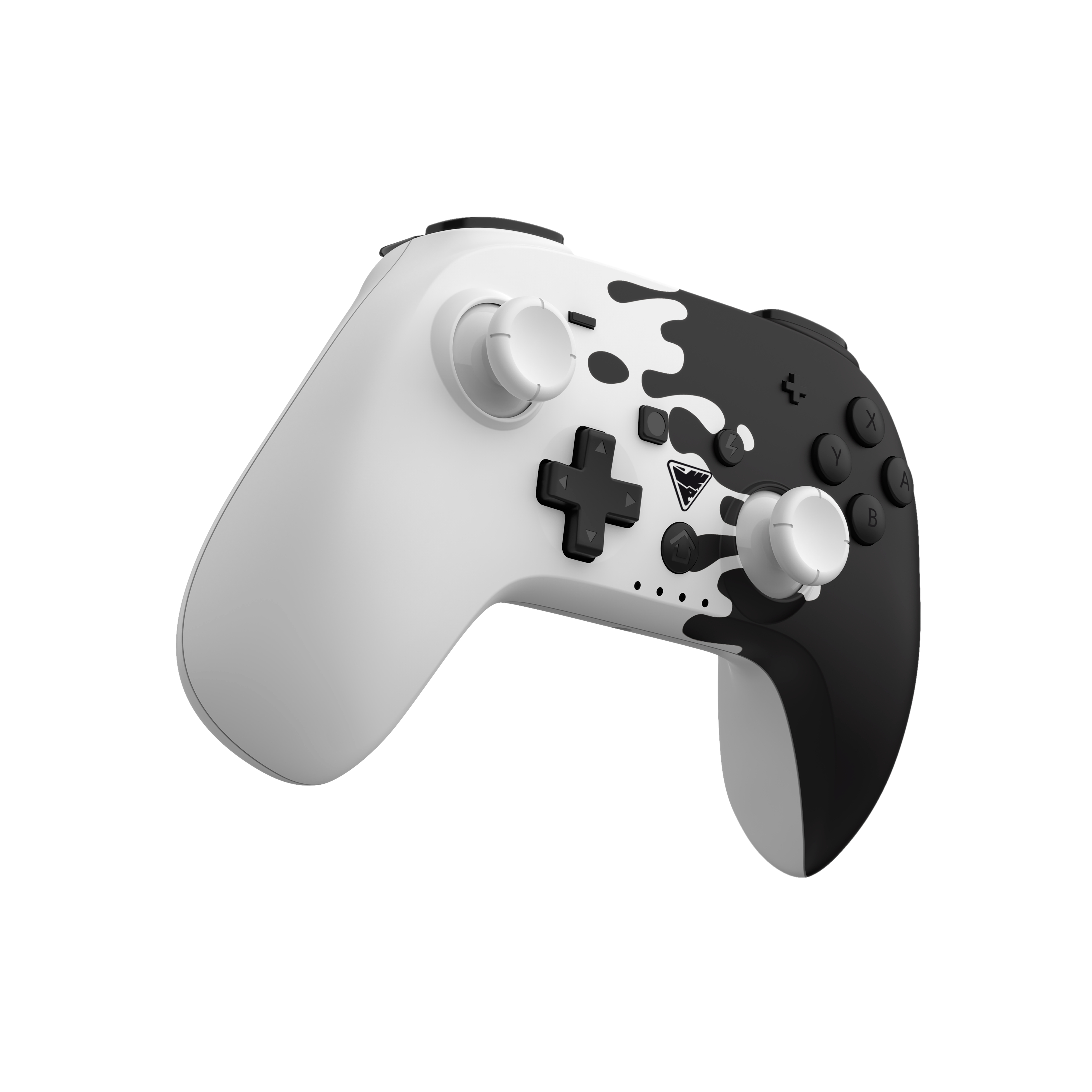 Ein weiß-schwarzer Videospielcontroller. Er hat ein Steuerkreuz und Knöpfe.