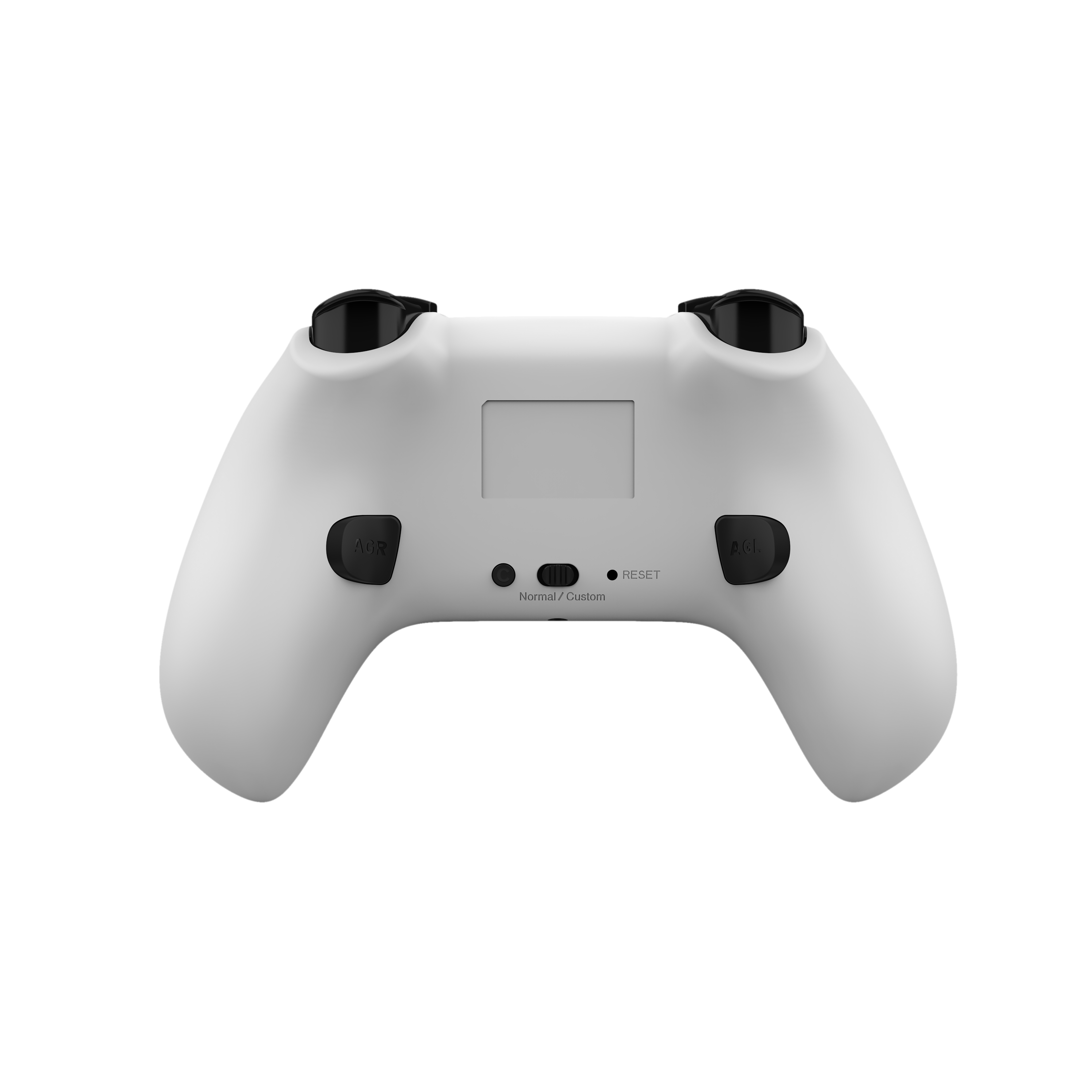Weißer Gamecontroller. Er hat Knöpfe und Joysticks, mit Normal/Custom- und Reset-Tasten.