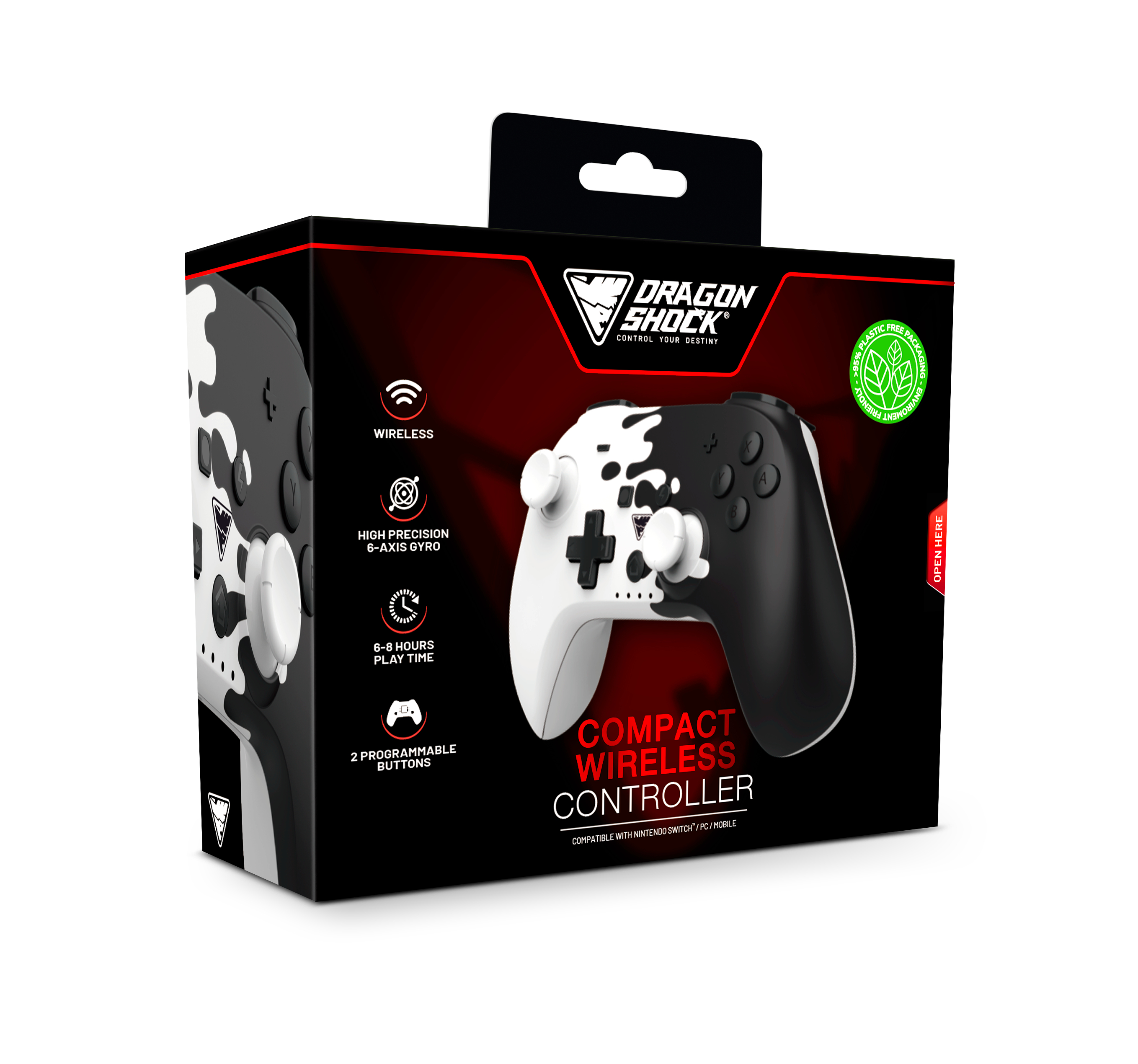 Ein schwarz-weißer Gamecontroller in der Verpackung, mit Knöpfen und einem Funksymbol.