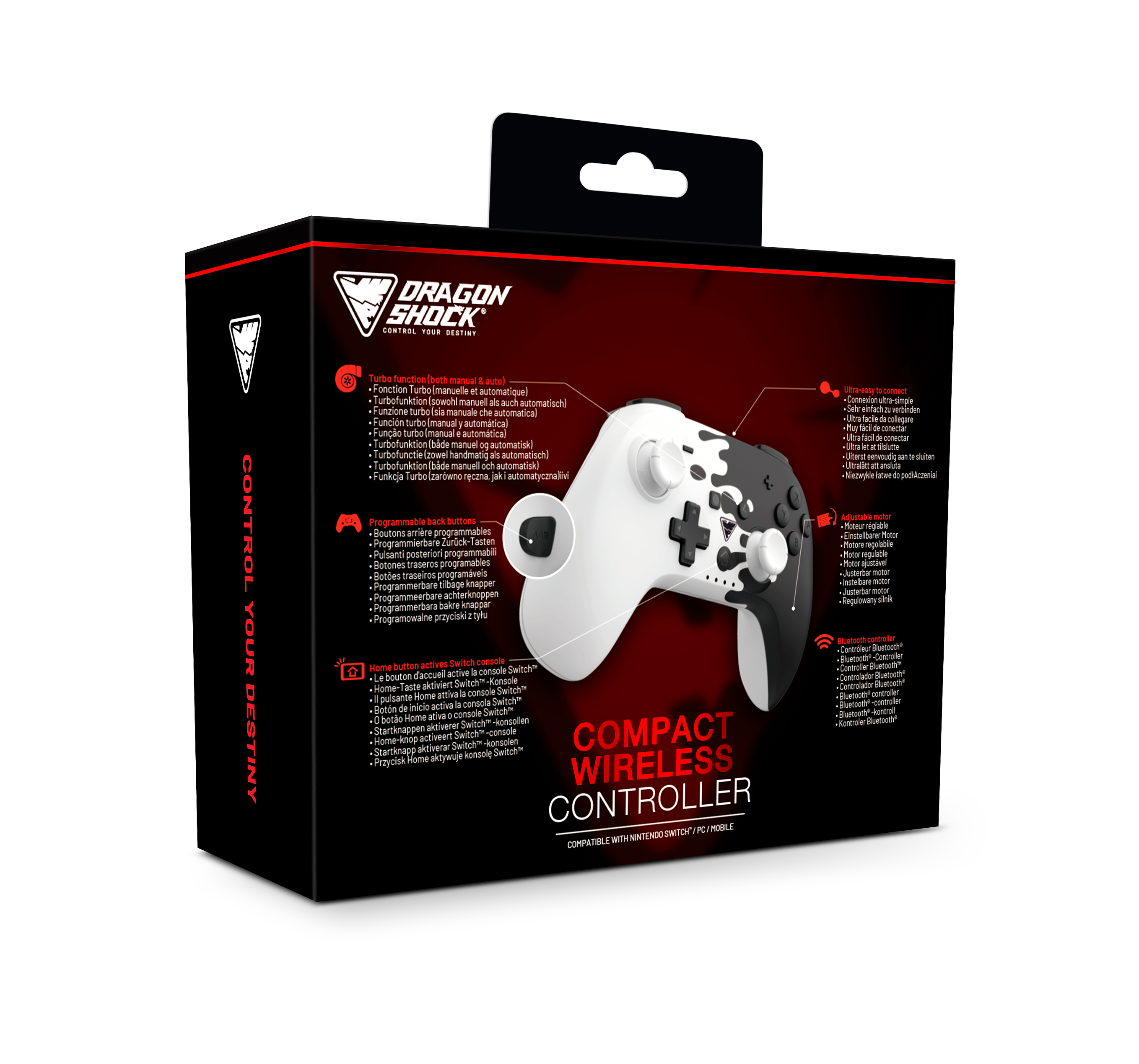 Schwarz-weiße kompakte drahtlose Controller-Box. Text und Symbole befinden sich auf der Box.