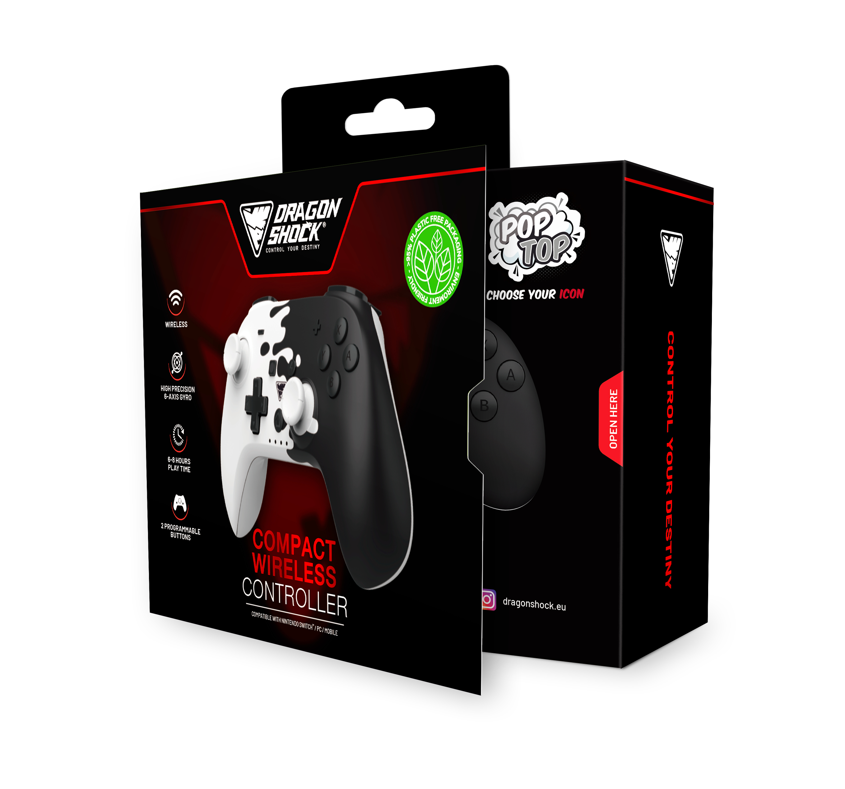 Ein kompakter, kabelloser Controller in Schwarz-Weiß-Design mit einer Box, die den Controller zeigt.