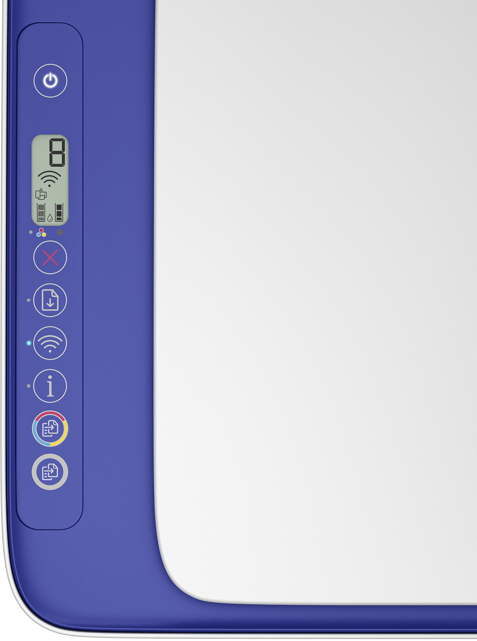 Weißer Drucker mit blauen Akzenten. Er hat ein LCD-Display und mehrere Knöpfe an der Seite.