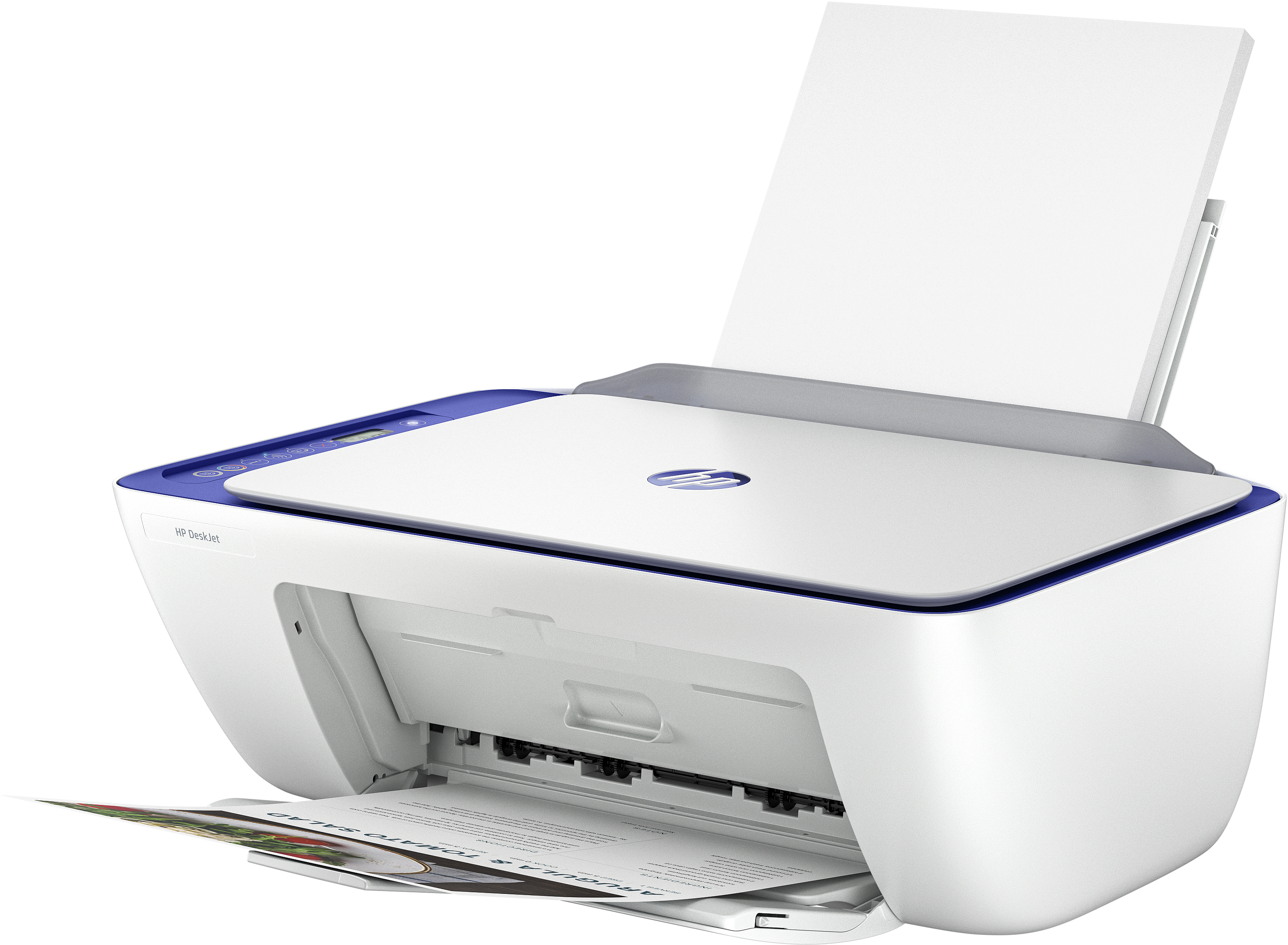 Ein weißer und blauer HP DeskJet Drucker, der ein Dokument mit sichtbarer Tinte druckt.