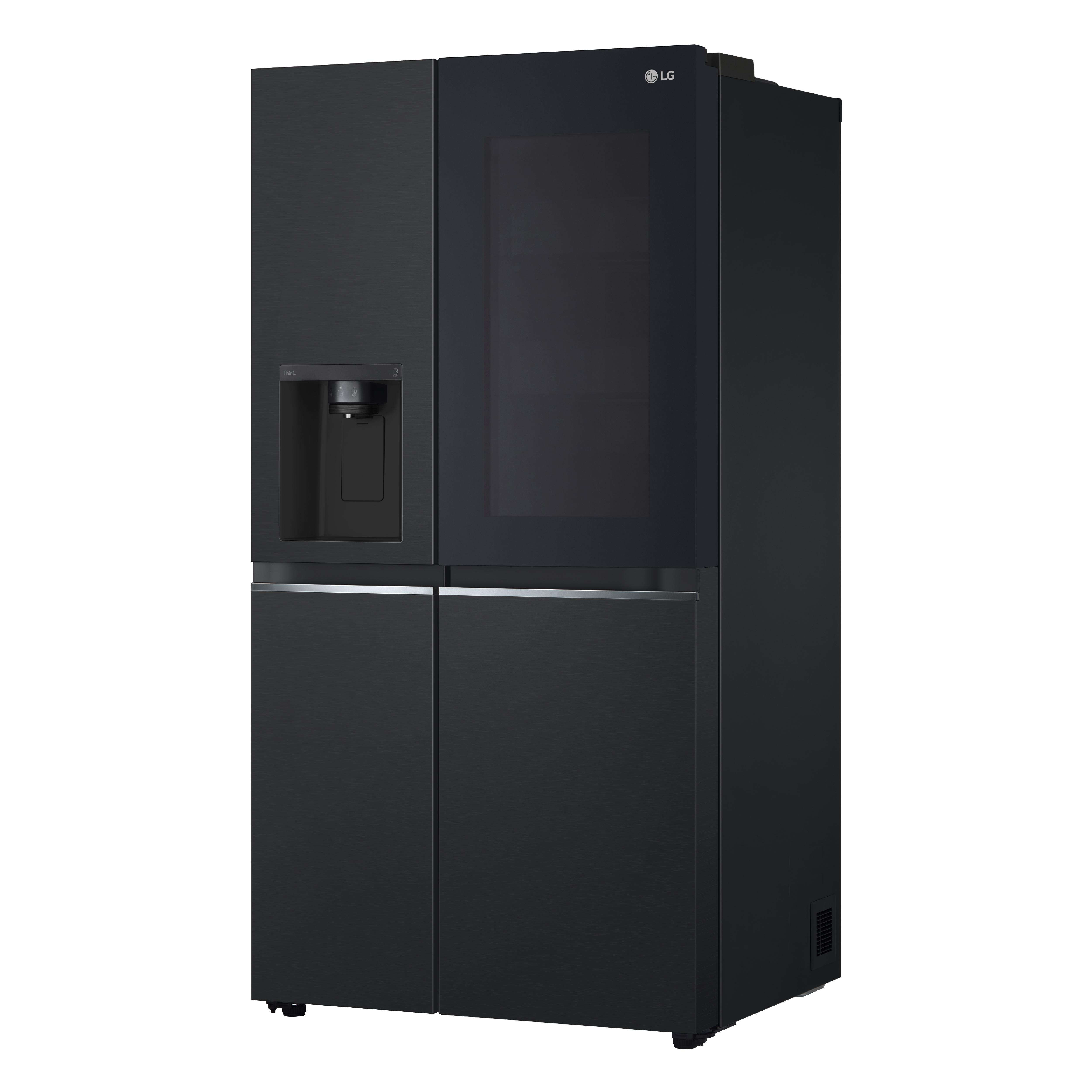 Schwarzer LG-Kühlschrank mit einer dunkel getönten Glasscheibe und Wasserspender. LG-Logo oben.
