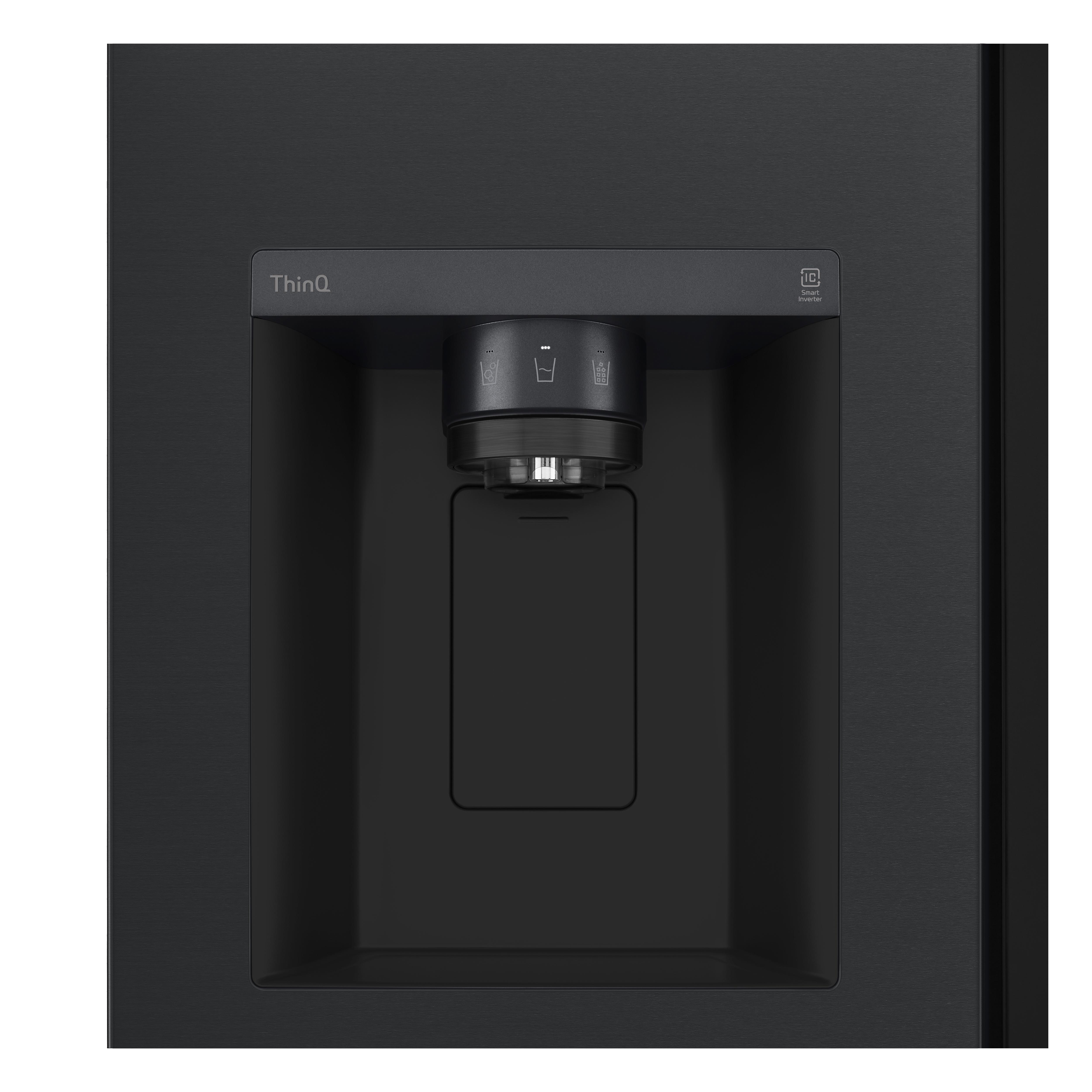 Schwarze Kühlschranktür mit Wasserspender. Thin Q-Logo sichtbar. Spender hat Wasser- und Eisoptionen.