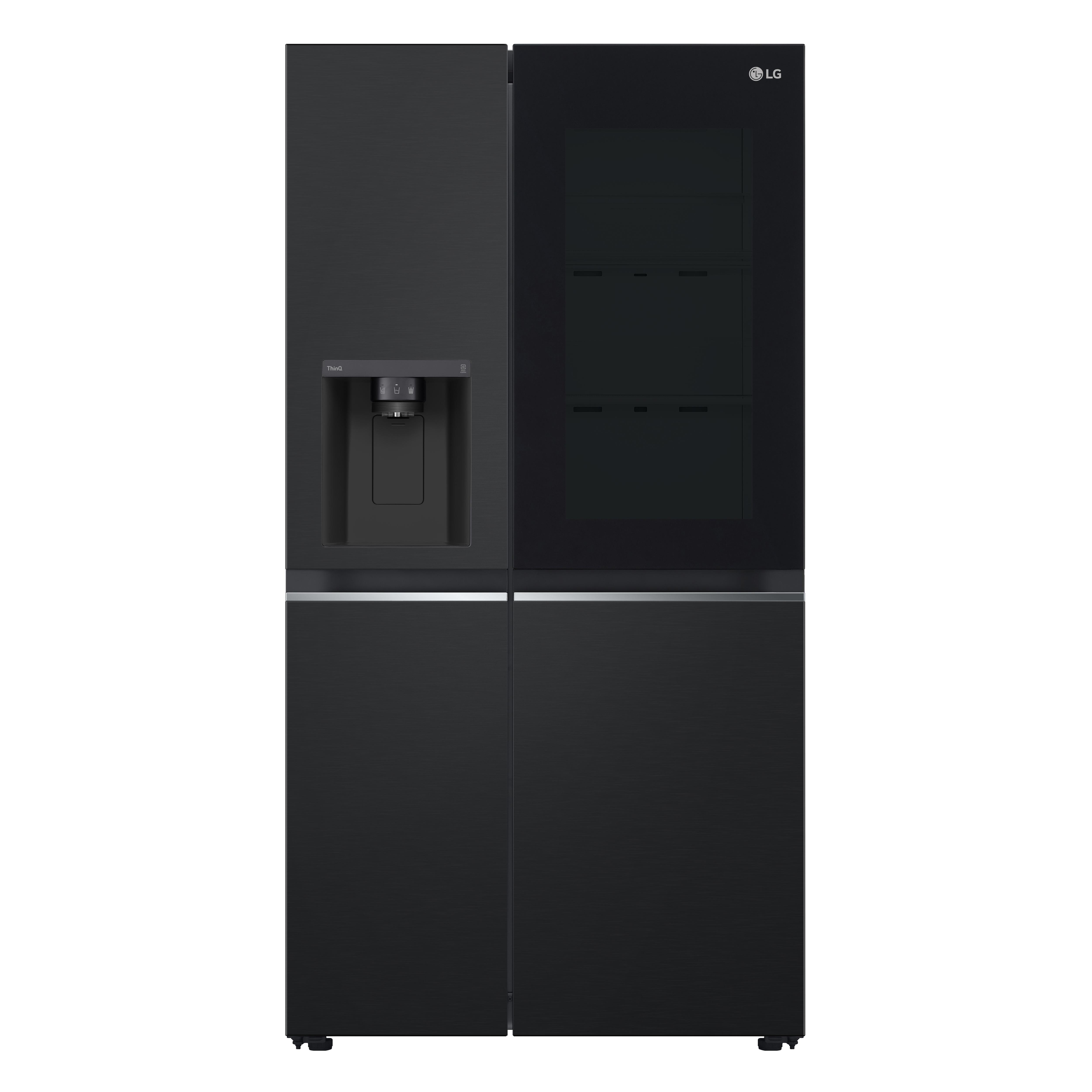 Schwarzer LG-Kühlschrank. Er hat zwei Türen, eine mit Wasserspender und eine mit Glasplatte.