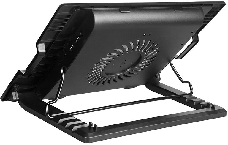 Czarna podstawka chłodząca do laptopa z wentylatorem i portami USB, widok pod kątem.