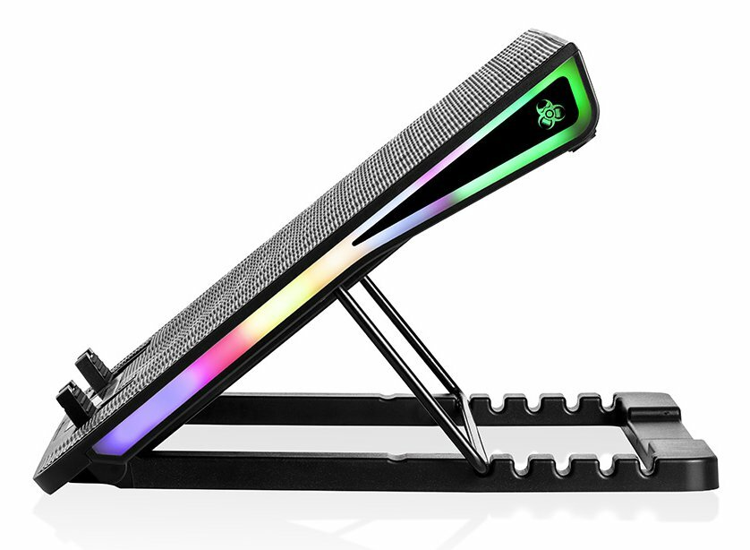 Chłodziarka do laptopa, czarna i szara, z kolorowymi światłami LED i geometrycznym wzorem.