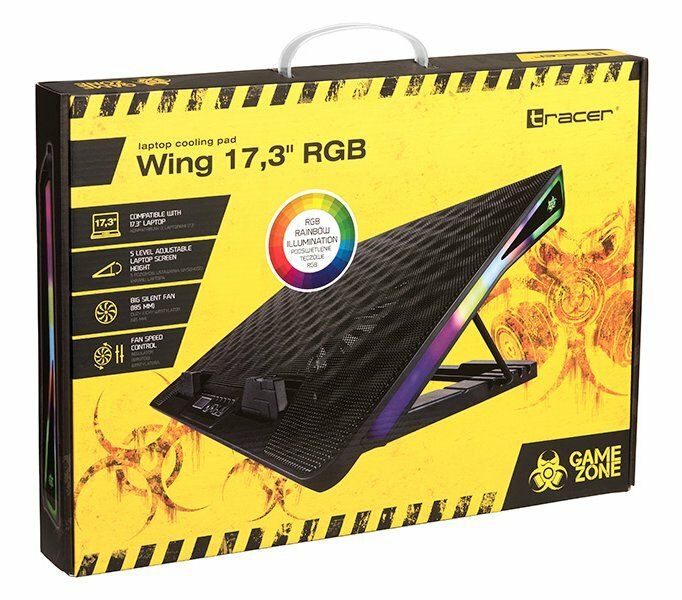 Pudełko z podkładką chłodzącą do laptopa, żółto-czarne, ze zdjęciem i tekstem.