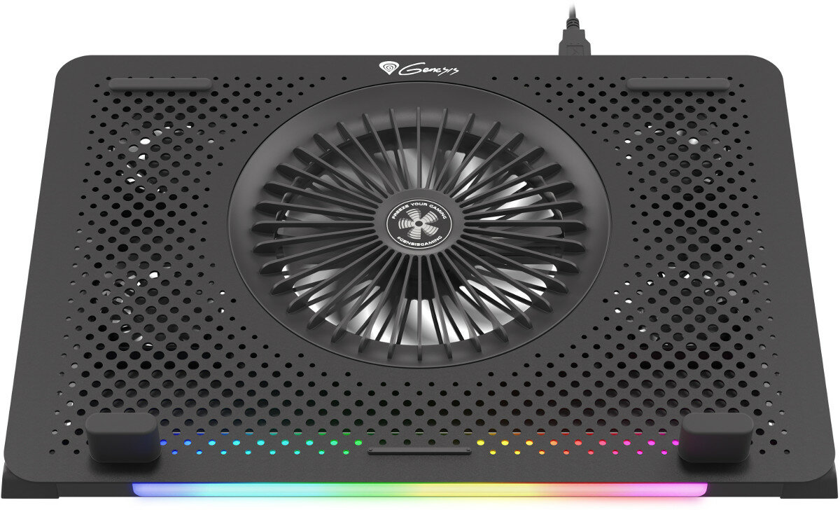 Czarna podstawka chłodząca do laptopa z centralnym wentylatorem i oświetleniem RGB, z siatkowym wierzchem i logo Genesis.