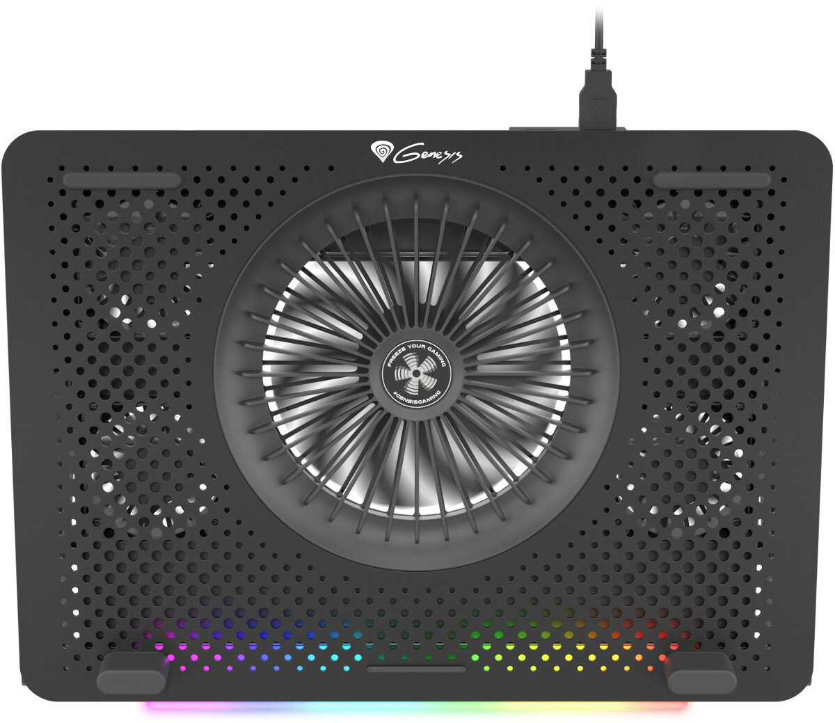 Czarna podstawka chłodząca do laptopa z oświetleniem RGB. Posiada duży wentylator.