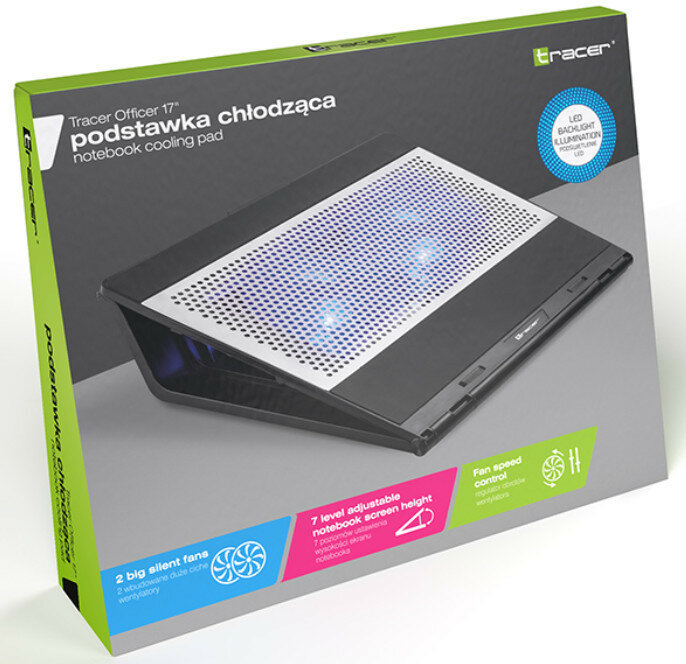 Podkładka chłodząca do notebooka w pudełku. Ma czarną powierzchnię z niebieskim podświetleniem i 2 wentylatory.