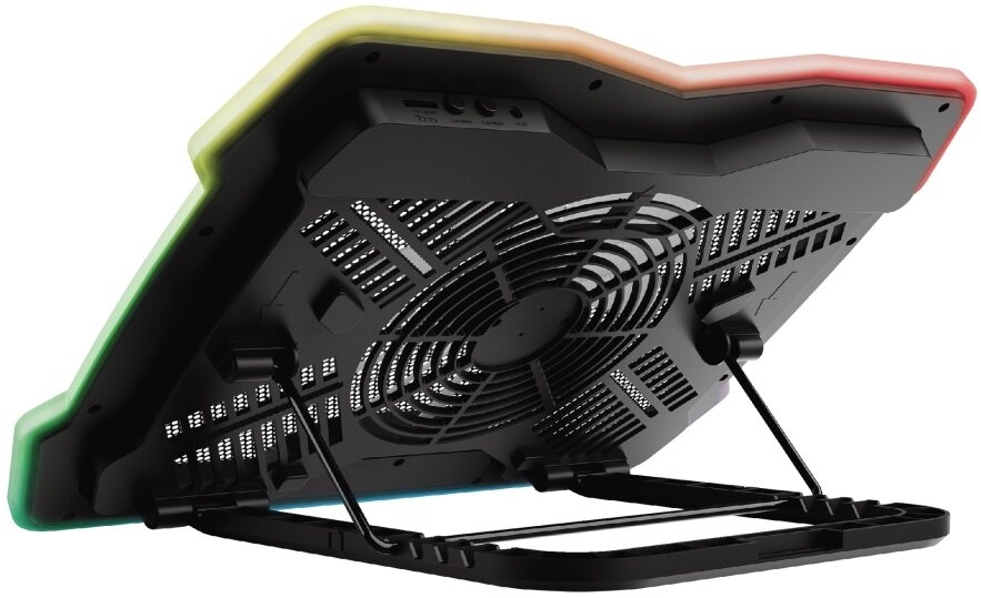 Podkładka chłodząca do laptopa z kolorowym oświetleniem RGB. Posiada wentylator i podstawkę, widok od dołu.