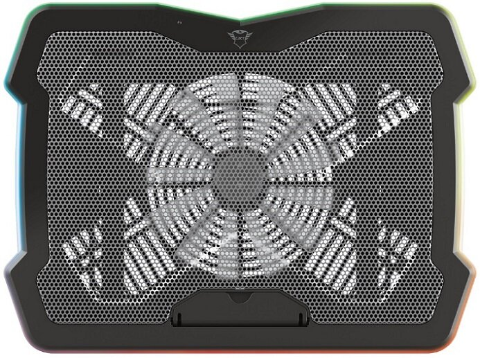 Podkładka chłodząca do laptopa z metalową siatką i wentylatorem. Podkładka ma światła RGB.