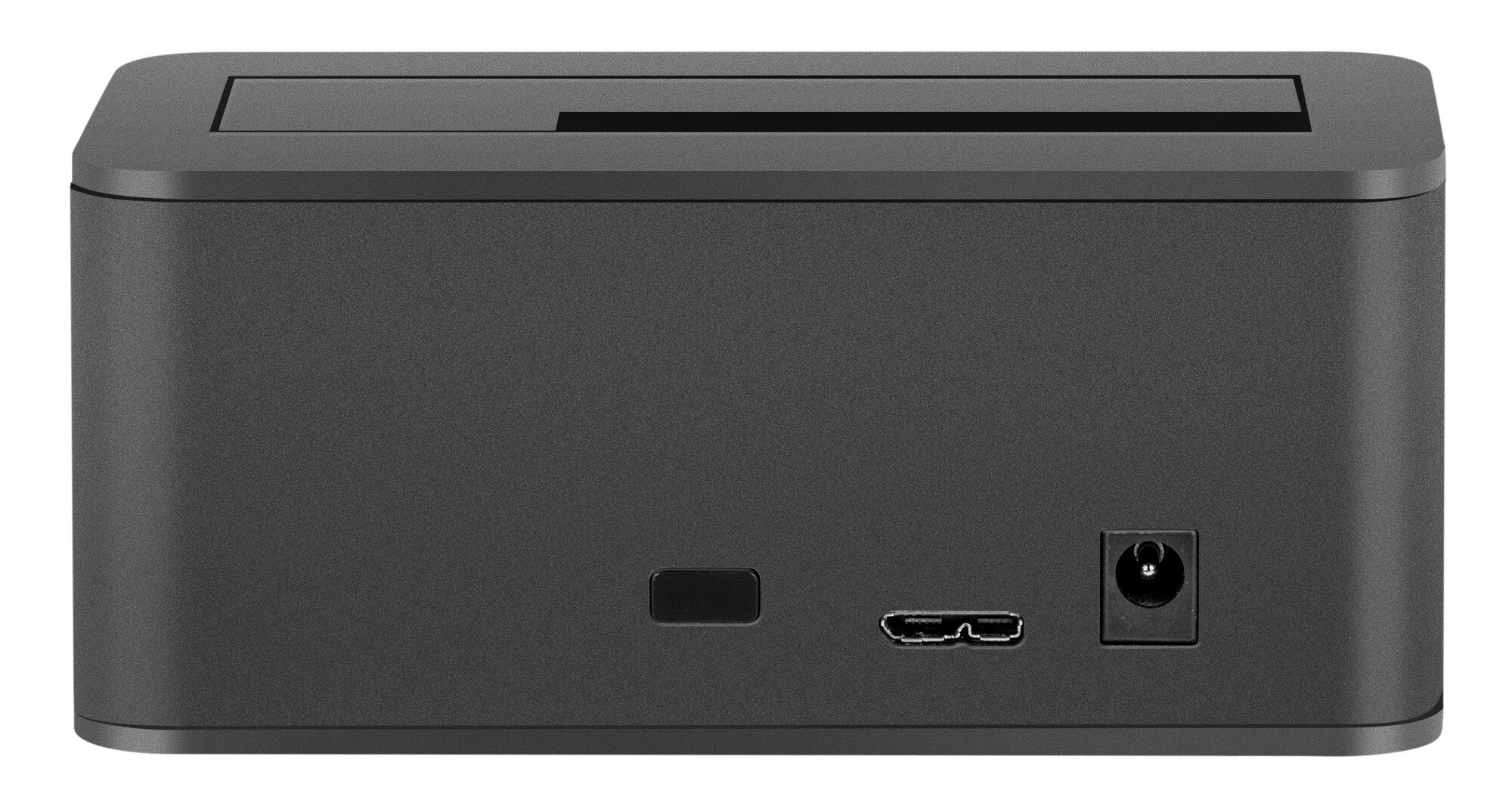 Czarna obudowa zewnętrznego dysku twardego, widok z przodu. Pokazuje porty i wejście zasilania.