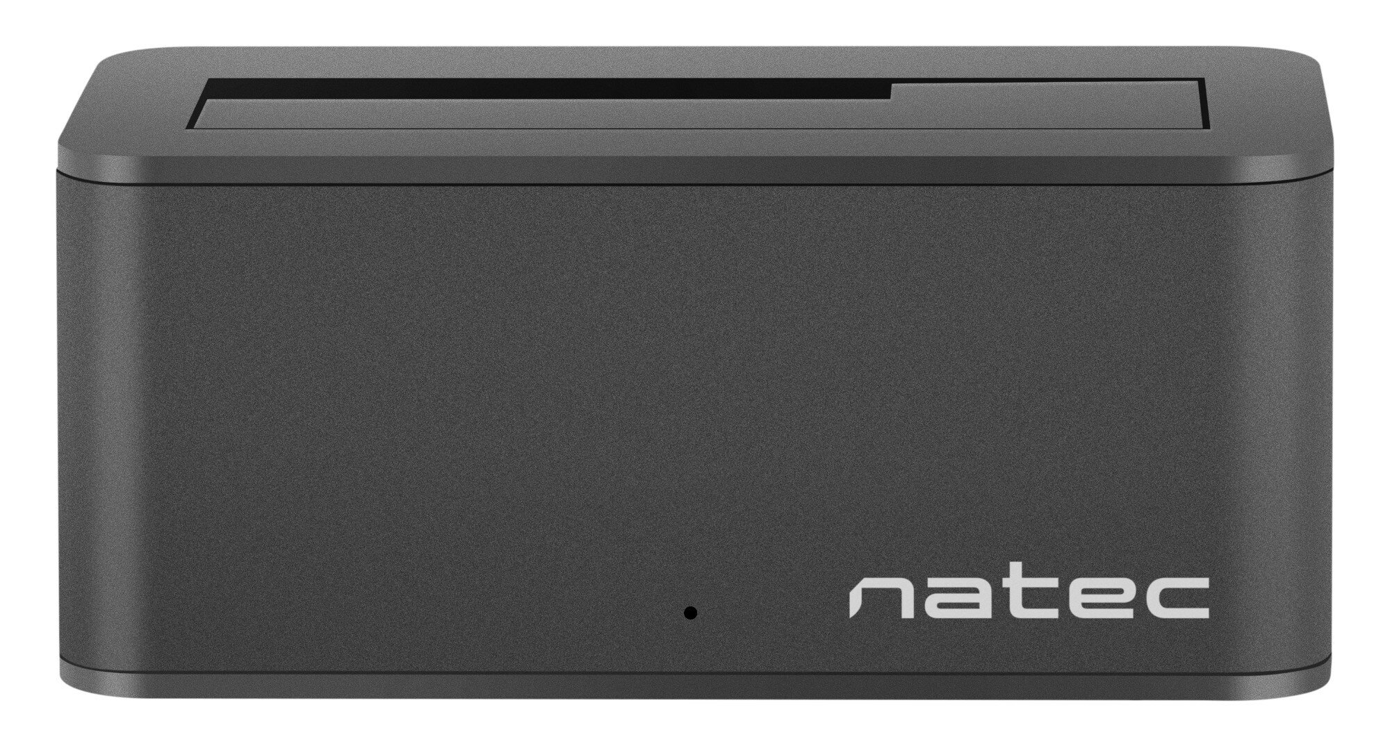 Czarne urządzenie Natec z białą nazwą marki i małym światełkiem.