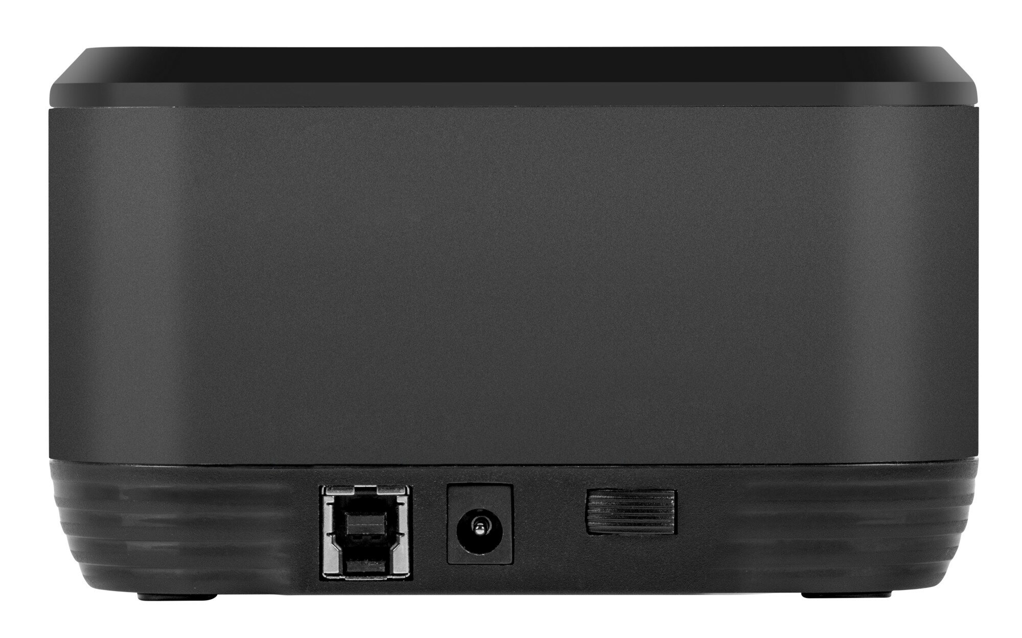 Czarne urządzenie z portami USB, zasilania i przełącznika na czarnej powierzchni.