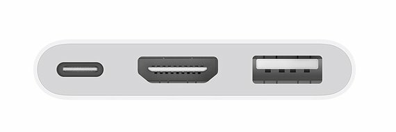 Biały hub z portem USB, HDMI i USB-C. Porty są w linii.
