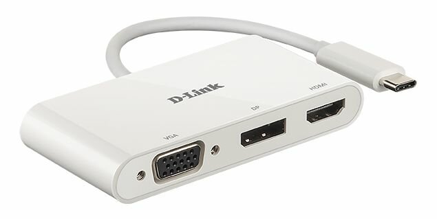 Biały adapter D-Link z portami VGA, DP i HDMI, z kablem USB-C.